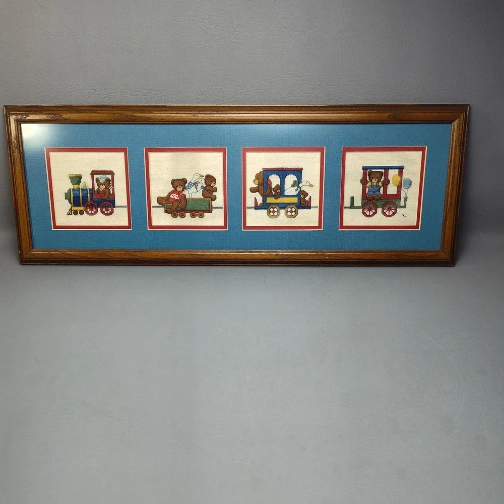Vintage Framed Cross Stitch Nursery Art Geese Duck Teddy Bear Train Dale Burdett